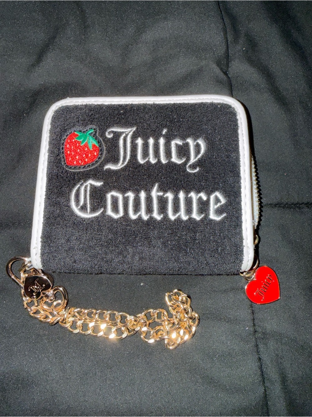 Juicy Couture Black Wallet with Red Strawberry and Gold Chain